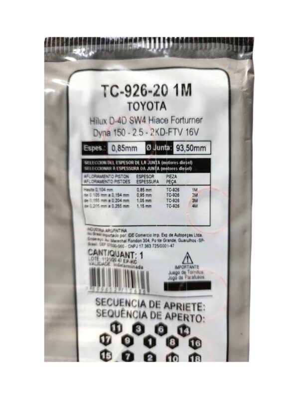 TC-926-20 1M (Esp 0.85mm) Hilux D-4D SW4 Hiace Forturner Dyna 150 - 2.5 - 2KD-FTV DOHC 16V // 1111530040A0/30041A0/0L010A0/0L011A0 - Imagen 2